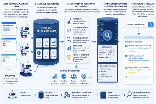 Processus de traitement des données du Web pour les résultats des moteurs de recherche. Le résultat provient de données stockées et agrégées par fréquence de recherche.